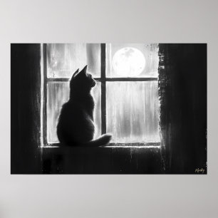 Affiche Silhouette d'un chat près de la fenêtre au clair d
