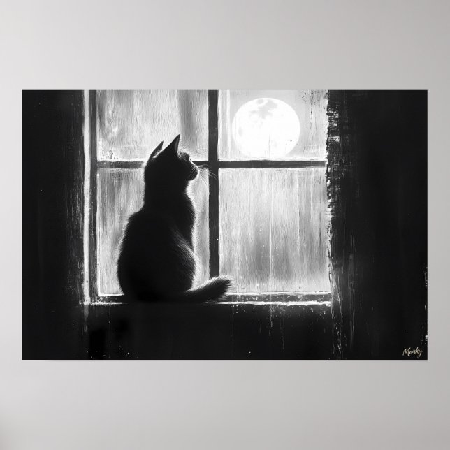 Affiche Silhouette d'un chat près de la fenêtre au clair d (Devant)