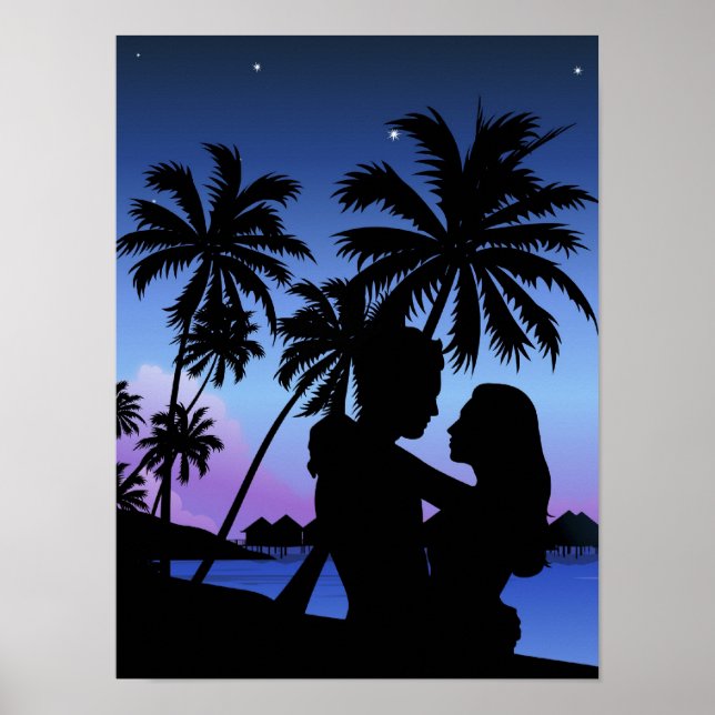Affiche Silhouette d'un couple embrassant la plage (Devant)