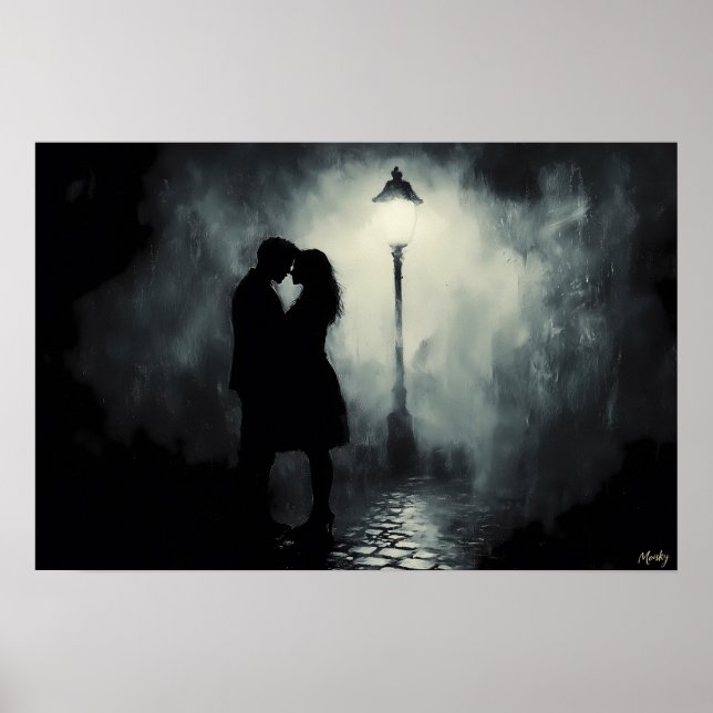 Affiche Silhouette d'un couple romantique sous l'éclairage (Devant)