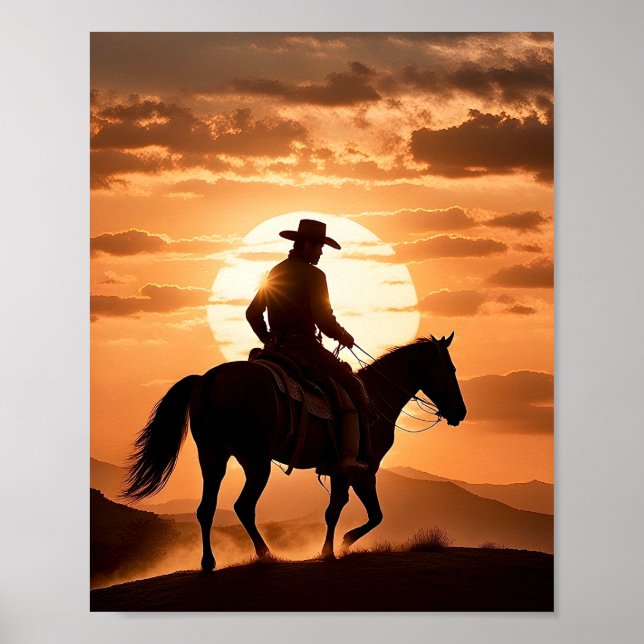 Affiche Silhouette d'un Cowboy à cheval au coucher du sole (Devant)