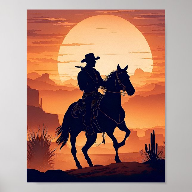 Affiche Silhouette d'un cowboy à cheval dans le désert (Devant)