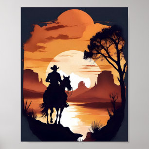 Affiche Silhouette d'un cowboy à cheval dans un poste du d