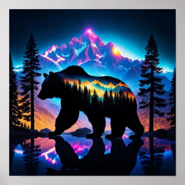 Affiche Silhouette d'un ours montrant le paysage naturel (Devant)