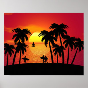 Affiche Silhouette d'une île tropicale au coucher du solei