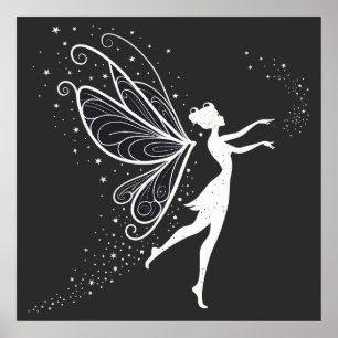 Affiche Silhouette fée magique avec ailes et étoiles