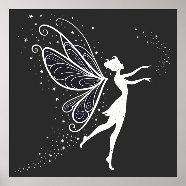 Affiche Silhouette fée magique avec ailes et étoiles (Devant)