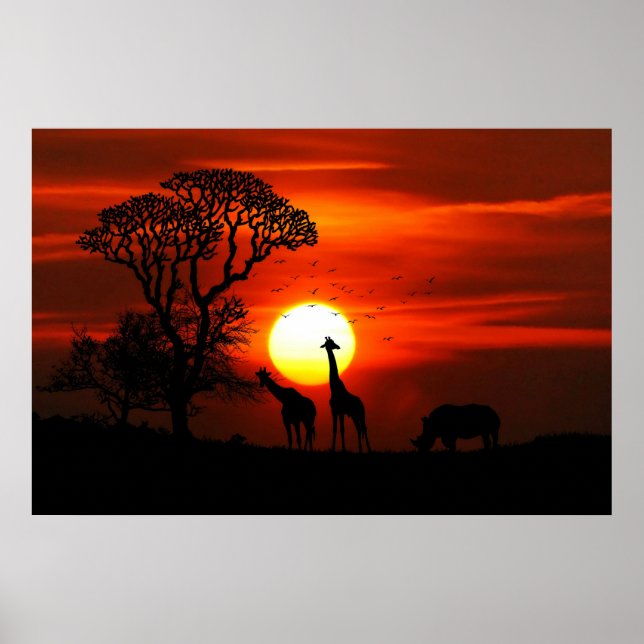 Affiche Silhouette giraffes and rhino (Devant)
