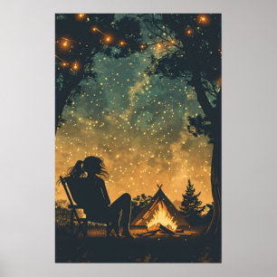 Affiche Silhouette Girl Night Camping Aventure