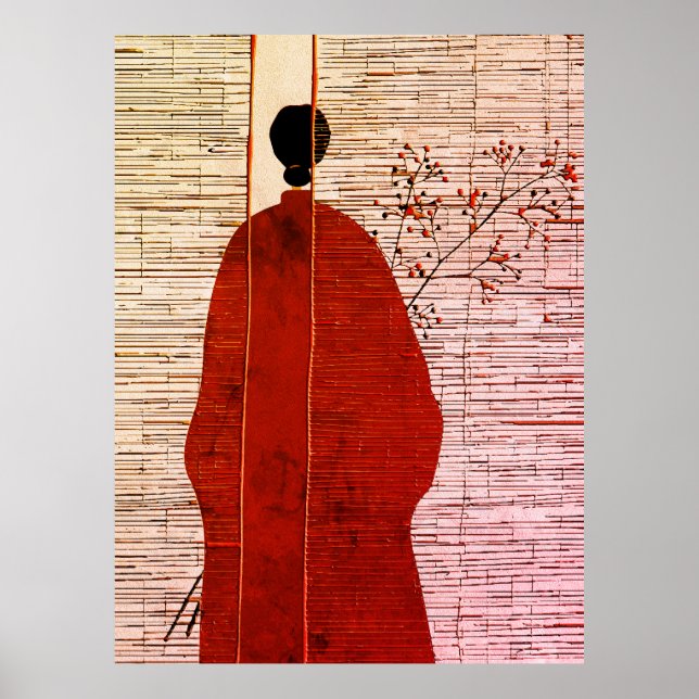 Affiche Silhouette Inspirée du Japon Moderne avec des Baie (Devant)