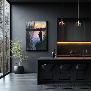 Affiche Silhouette Man Fishing au coucher du soleil - Impr