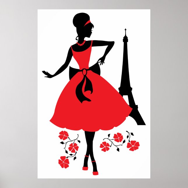 Affiche Silhouette noire rouge femme rétro avec Tour Eiffe (Devant)