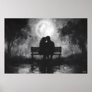 Affiche Silhouette Romantique au Clair de Lune sur un Banc