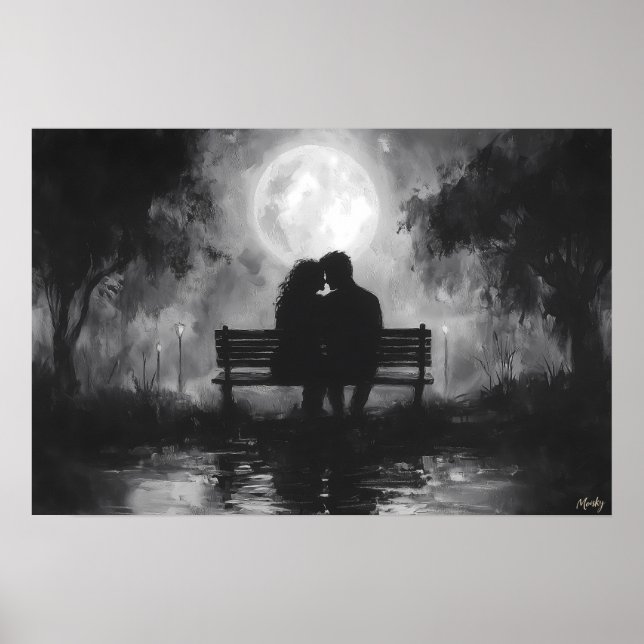 Affiche Silhouette Romantique au Clair de Lune sur un Banc (Devant)