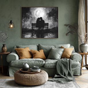 Affiche Silhouette romantique au clair de lune sur un banc