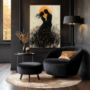 Affiche Silhouette Romantique avec Lueur Dorée et Fleurs S