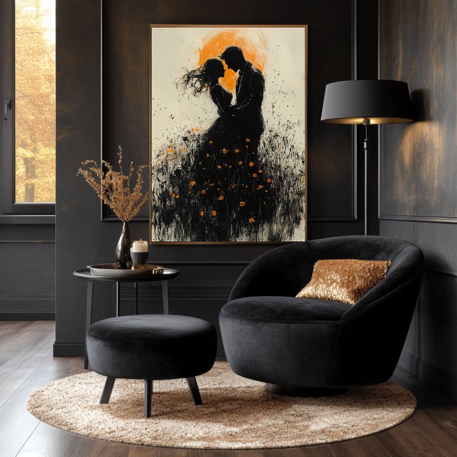 Affiche Silhouette Romantique avec Lueur Dorée et Fleurs S (Créateur téléchargé)