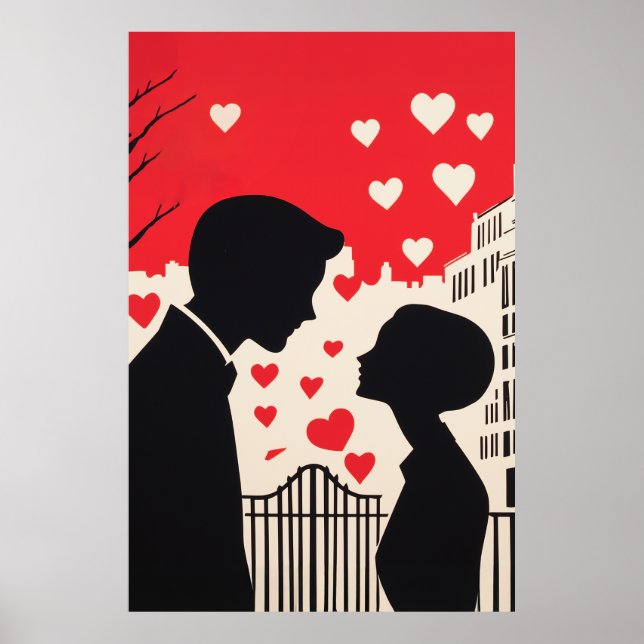 Affiche Silhouette romantique Couple Coeurs Cityscape (Devant)