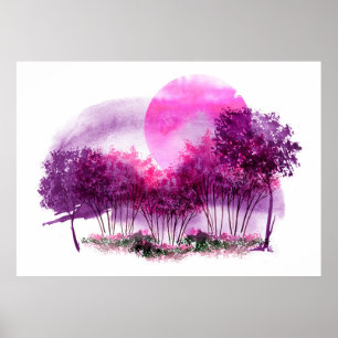 Affiche silhouette rose et violette des arbres contre le d