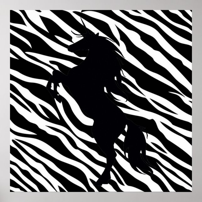 Affiche Silhouette Unicorne Noire Sur Zebra Imprimer Poste (Devant)