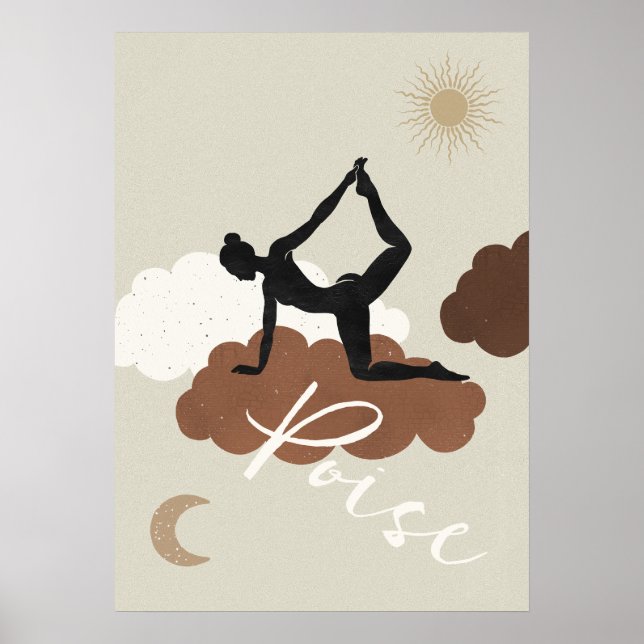 Affiche Silhouette yoga stretch nuages soleil lune pois (Devant)