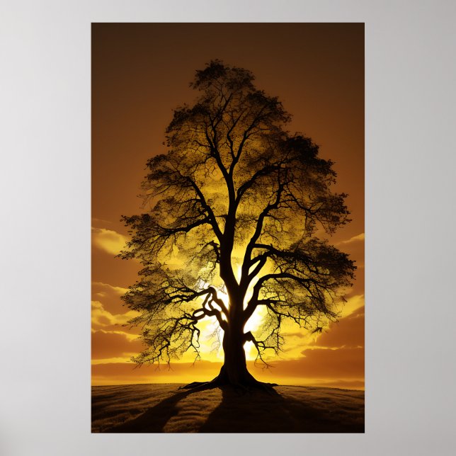 Affiche Silhouettes de l'arbre du coucher du soleil (Devant)