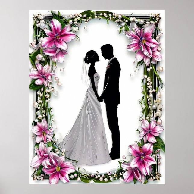Affiche Silhouettes de mariés cadre de mariage encadré (Devant)