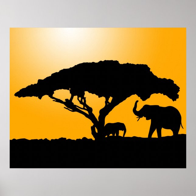 Affiche Silhouettes d'éléphant à l'affiche du coucher du s (Devant)