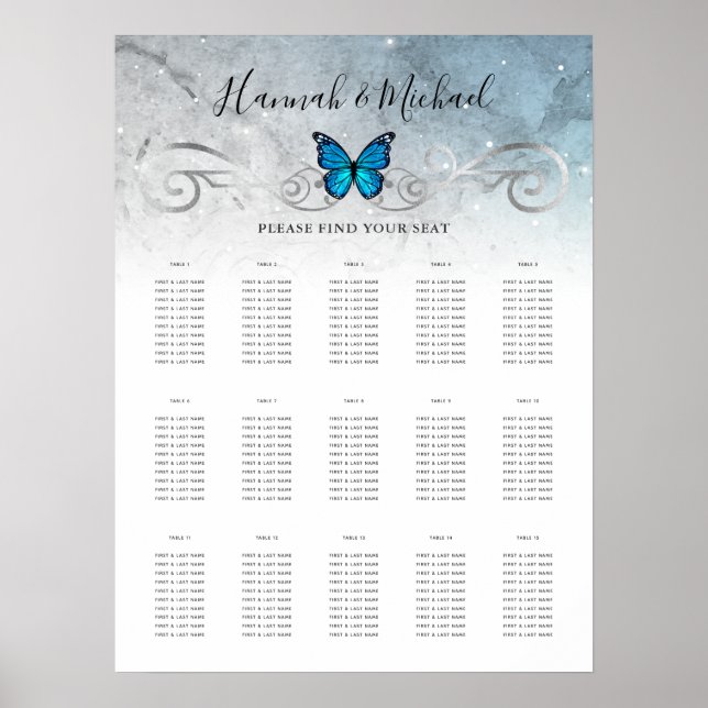 Affiche Silver and Blue Butterfly Wedding Seating Charts (Devant)