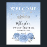 Affiche Silver and Light Baby Blue Roses Welcome Party<br><div class="desc">Create your own beautiful personalized welcome party signs using an elegant DIY template that is simple to design on. The fairytale floral art by Raphaela Wilson features a soft watercolor pattern of light baby blue roses, a silver Cinderella princess crown / tiara and sparkling faux glitter butterfly confetti. By customizing...</div>