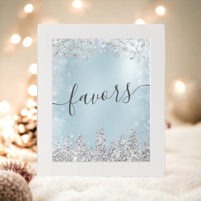 Affiche Silver bleu neige pin favorise la douche nuptiale (Silver ice blue snow pine favors bridal shower poster)