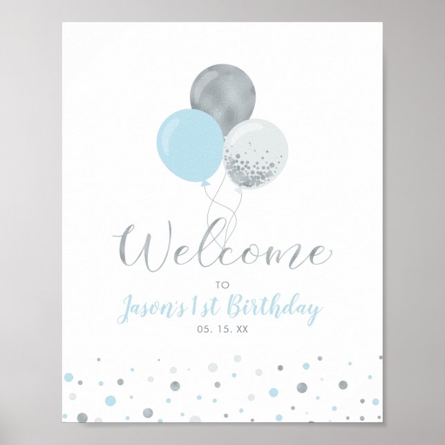 Affiche Silver & Blue Balloons | Boy 1st Birthday Welcome (Devant)