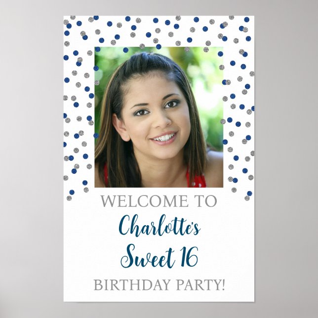 Affiche Silver Blue Sweet 16 Anniversaire Personnalisé 12x (Devant)