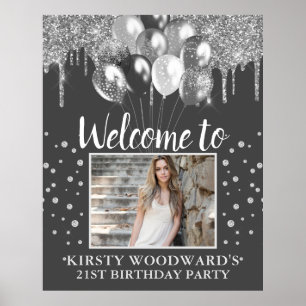 Affiche Silver Dripping Glitter with Balloons Birthday