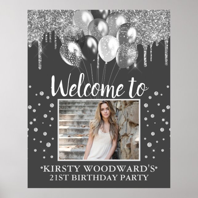 Affiche Silver Dripping Glitter with Balloons Birthday (Devant)