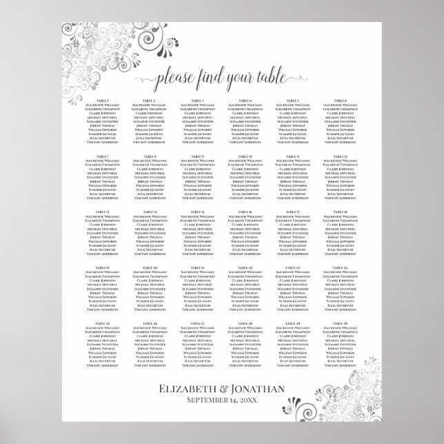 Affiche Silver Frills 30 Table Wedding Seating Chart White (Devant)
