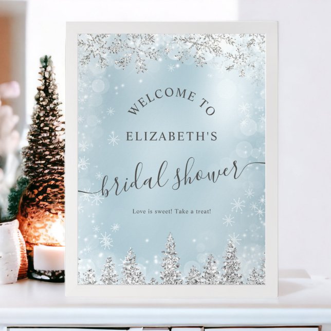 Affiche Silver glace bleu pin neigeux accueil douche nupti (Silver ice blue snow pine welcome bridal shower poster)