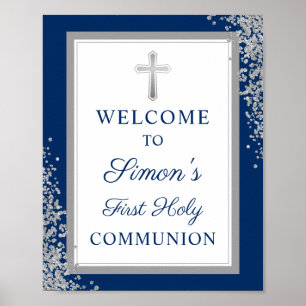 Affiche Silver Glitter Blue First Holy Communion Welcome
