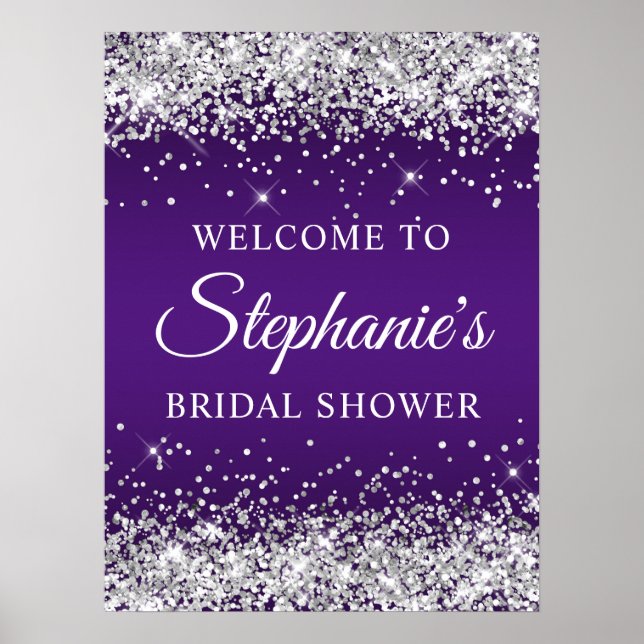 Affiche Silver Glitter Royal Purple Bridal Shower Welcome (Devant)