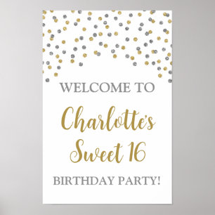 Affiche Silver Gold Sweet 16 Anniversaire Personnalisé 12x