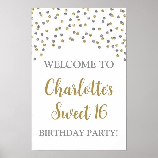 Affiche Silver Gold Sweet 16 Anniversaire Personnalisé 12x (Devant)