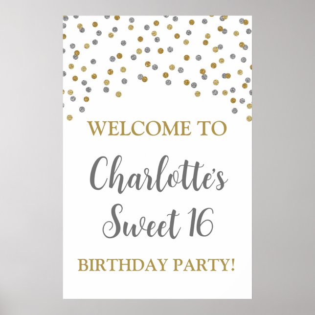 Affiche Silver Gold Sweet 16 Anniversaire Personnalisé 20x (Devant)