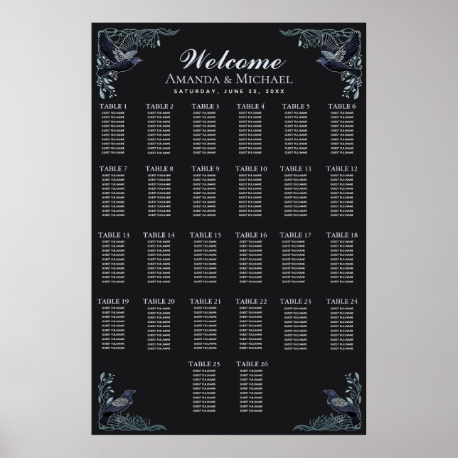 Affiche Silver Gothic Raven Wedding Seating Chart (Devant)