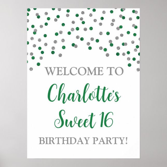 Affiche Silver Green Sweet 16 Anniversaire Personnalisé 18 (Devant)