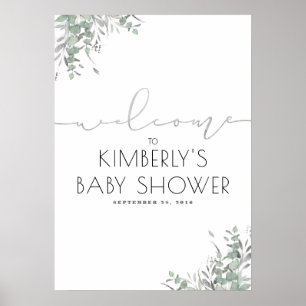 Affiche Silver Leaves Greenery Elegant Baby Shower Welcome