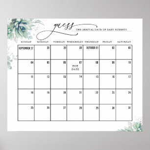 Affiche Silver Leaves Succulents Guess Due Date Calendar