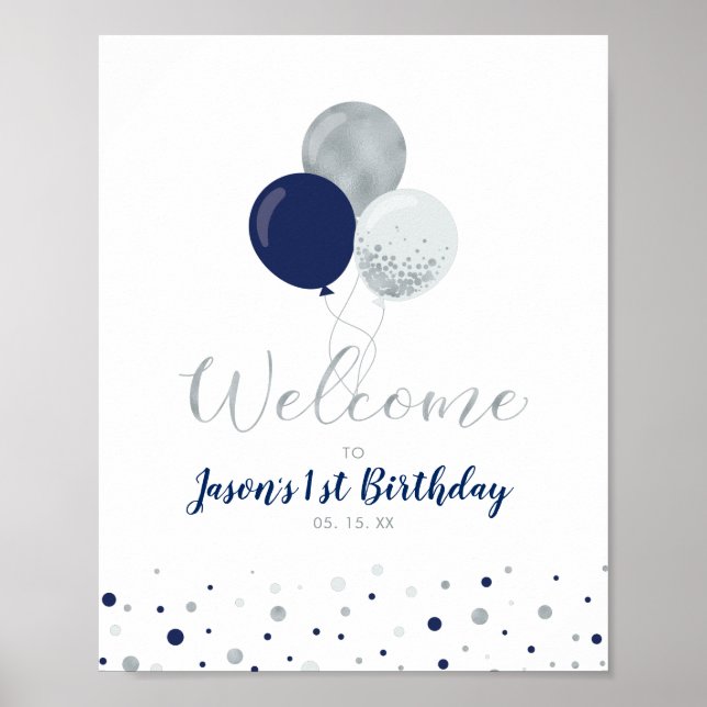 Affiche Silver & Navy Balloons | Boy 1st Birthday Welcome (Devant)