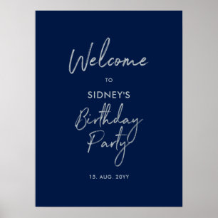 Affiche Silver & Navy Blue Moderne fête d'anniversaire Bie