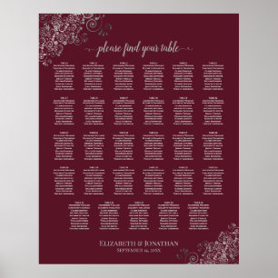 Affiche Silver on Burgundy 29 Table Wedding Seating Chart