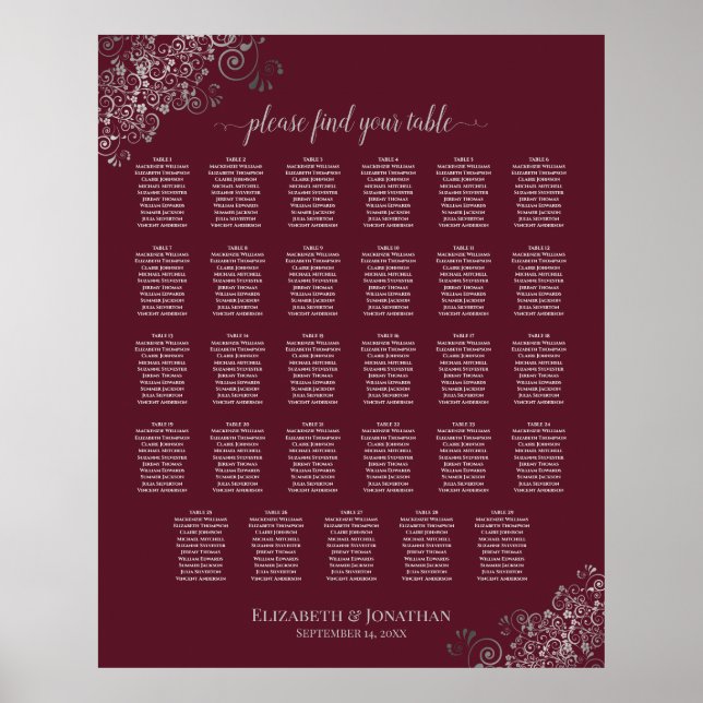 Affiche Silver on Burgundy 29 Table Wedding Seating Chart (Devant)